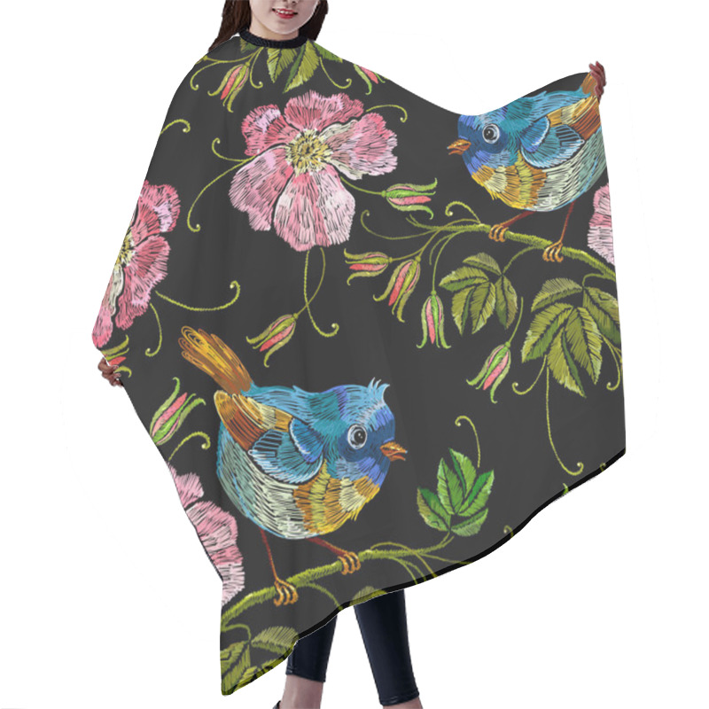 Personality  Embroidery Wild Roses And Tropical Birds Seamless Pattern. Template For Clothes, Textiles, T-shirt Design. Beautiful Birds And Flowers Of Dogrose Background Hair Cutting Cape