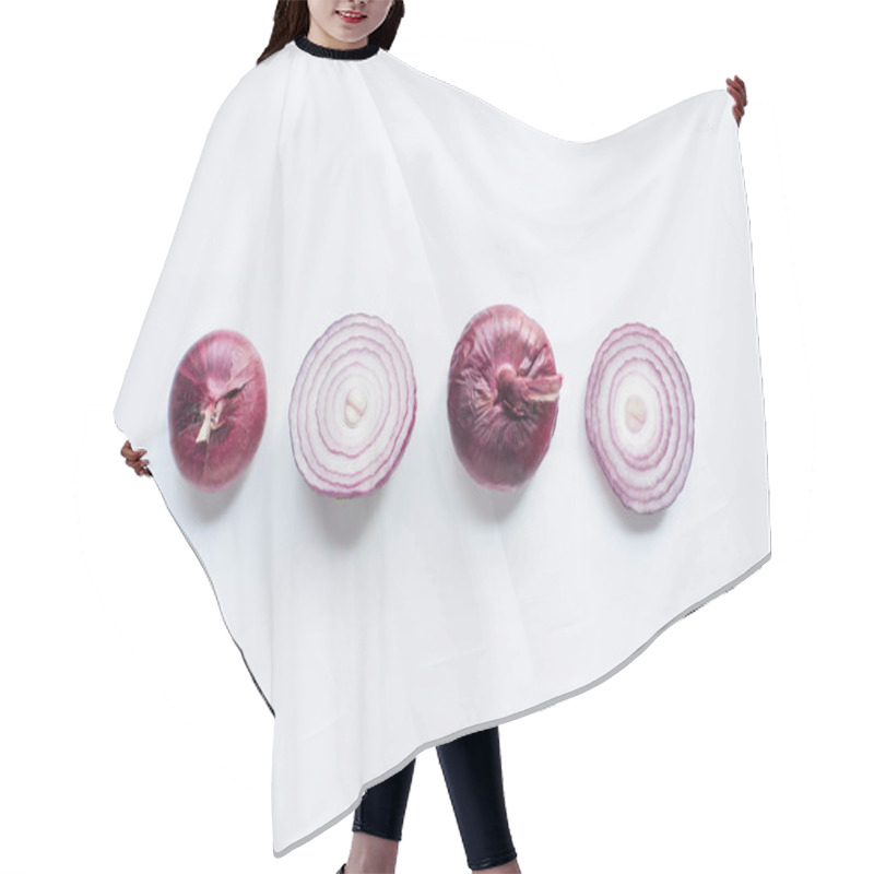 Personality  Top View Of Cut And Whole Red Onion On White Background Hair Cutting Cape