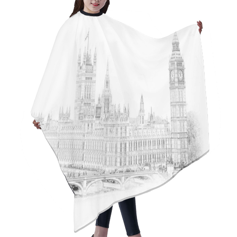 Personality  Big Ben, London, England, UK. Hand Drawn Illustration. Isolated On White Background. Historical Showplace For Print, Souvenirs, Postcards, T-shirts, Decoration, Picture; Hair Cutting Cape