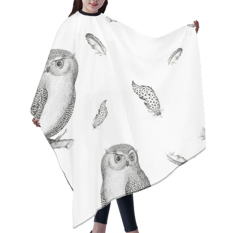 Personality  Hand Drawn Isolated  Black White Seamless Pattern Owl Fly Bird. Hair Cutting Cape