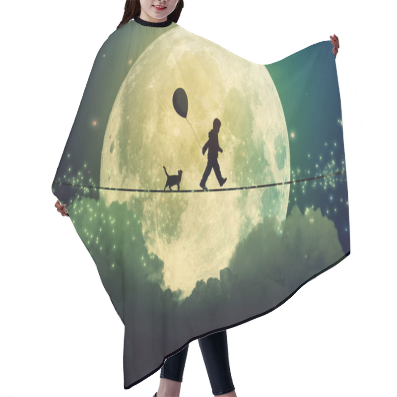 Personality  Teenager And Cat Walking With Balloon On Tight Rope Above Clouds Hair Cutting Cape