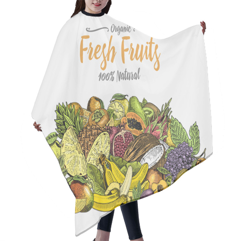 Personality  Vintage, Hand Drawn Fresh Fruits Background, Summer Plants, Vegetarian And Organic Citrus And Other, Engraved. Pineapple, Lemon, Papaya, Pitaya, Maracuya And Bananas. Hair Cutting Cape