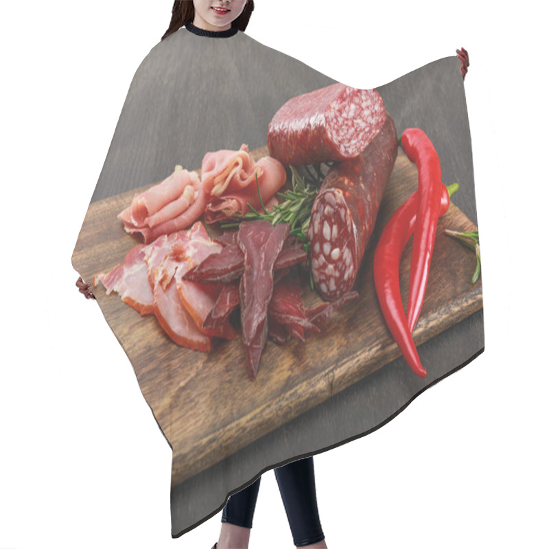 Personality  Delicious Meat Platter Served With Chili Pepper And Rosemary On Wooden Black Table Hair Cutting Cape