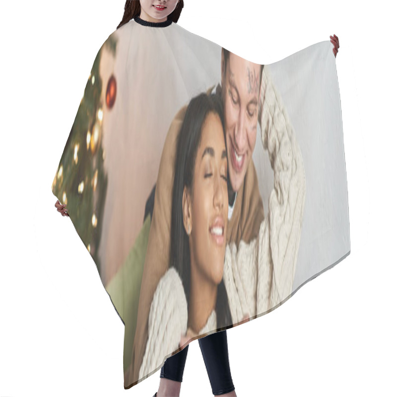 Personality  A Happy Couple Embraces Warmly, Surrounded By Cozy Holiday Decorations And Love. Hair Cutting Cape