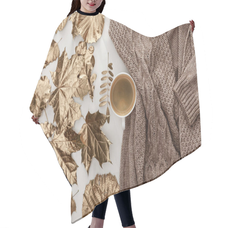 Personality  Top View Of Knitted Brown Sweater, Coffee And Golden Foliage On White Background Hair Cutting Cape