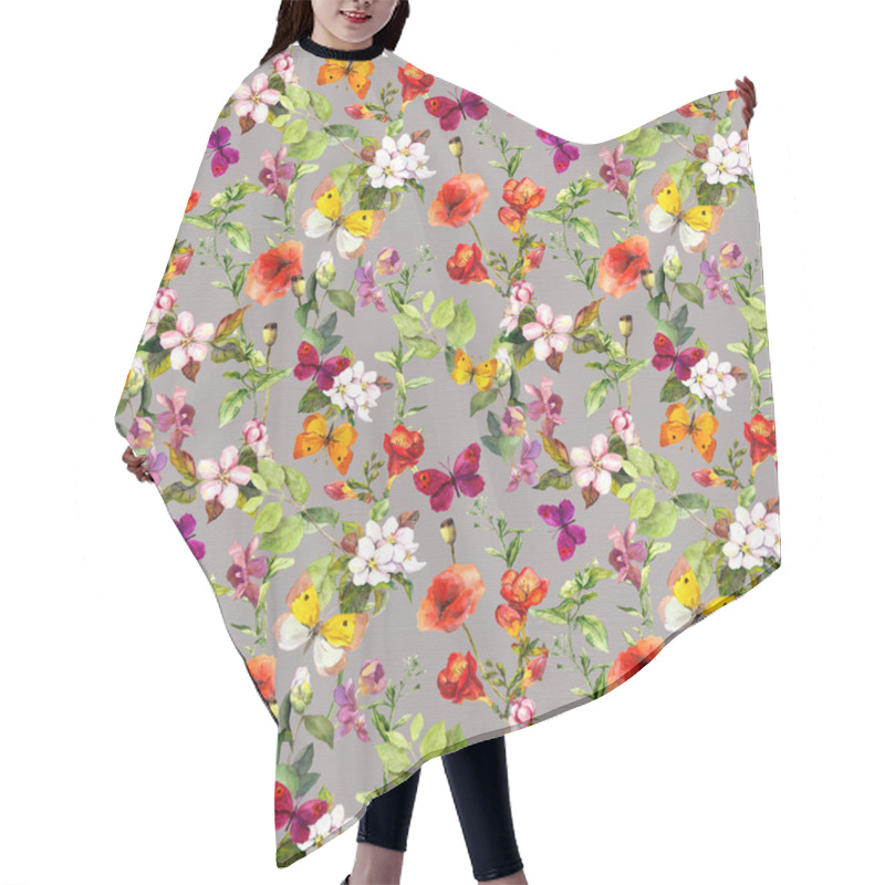 Personality  Summer Meadow Flowers, Wild Herbs And Butterflies. Ditsy Repeating Floral Pattern For Fashion Design. Watercolor Hair Cutting Cape