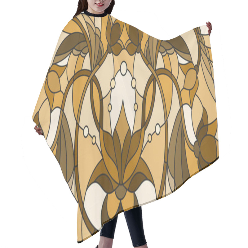 Personality  Illustration In Stained Glass Style With Abstract  Swirls And Leaves  On A Light Background,horizontal Orientation, Sepia Hair Cutting Cape