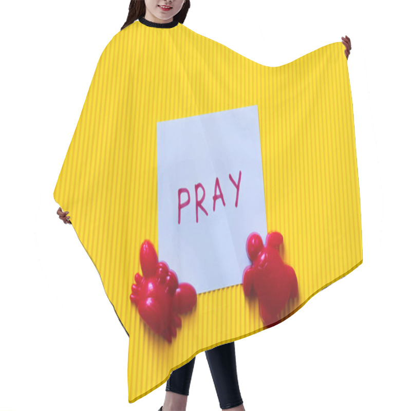 Personality  Top View Of Card With Pray Lettering Near Red Crab And Turtle Toys On Yellow Background Hair Cutting Cape