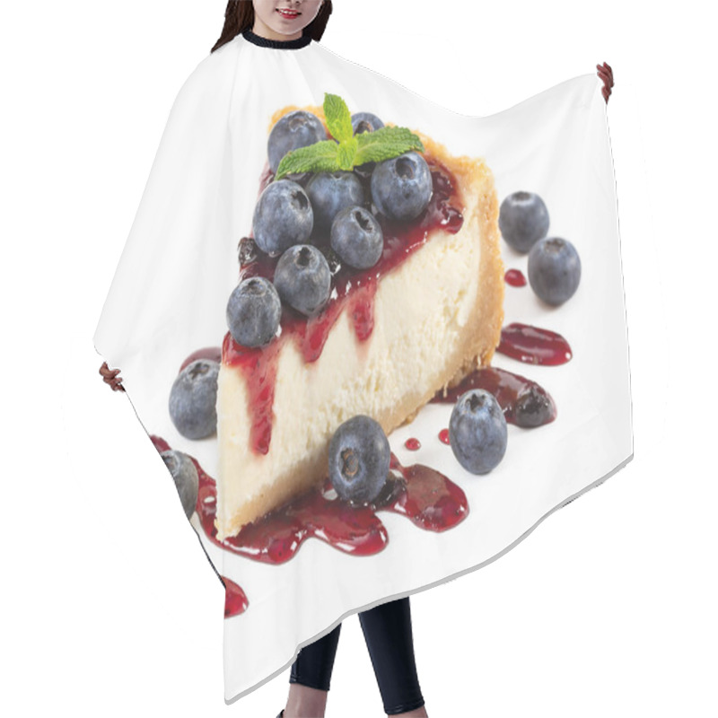 Personality  Piece Of Cheesecake With Blueberries And Mint Isolated On White Background. Hair Cutting Cape