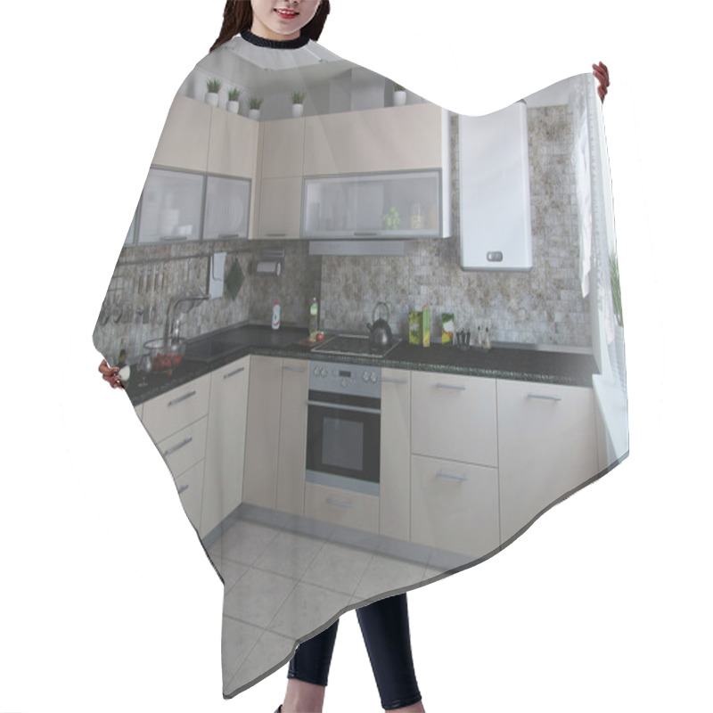 Personality  Modern Kitchen Interior Conservative Tones, 3D Render Hair Cutting Cape