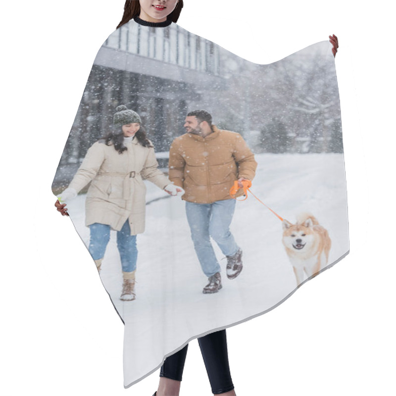 Personality  Joyful Man Holding Leash While Walking Together With Happy Girlfriend And Akita Inu Dog Under Falling Snow Hair Cutting Cape