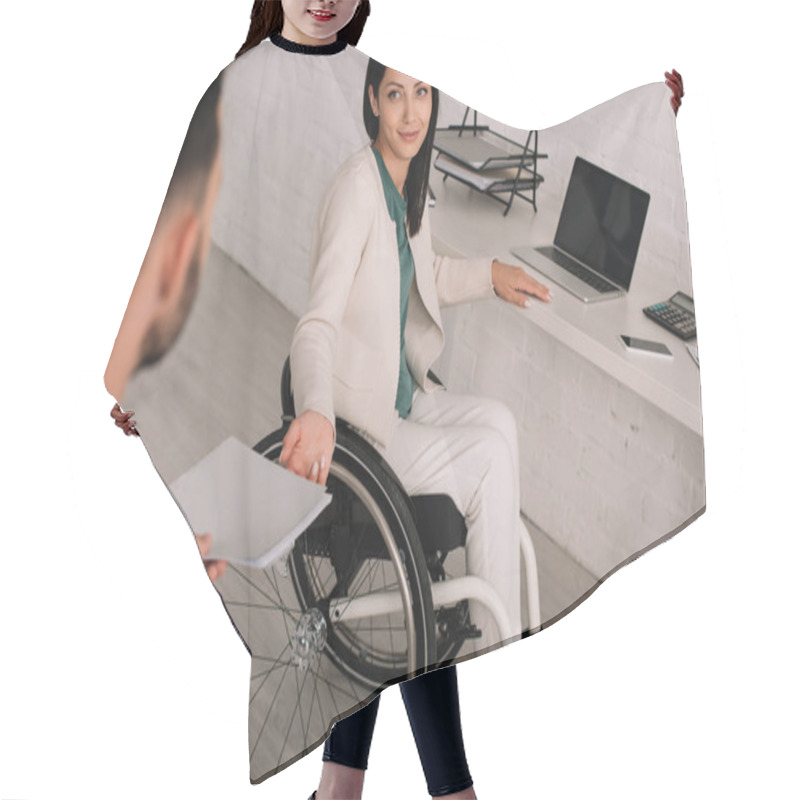 Personality  Cropped View Of Manager Giving Documents To Disabled Businesswoman In Office Hair Cutting Cape