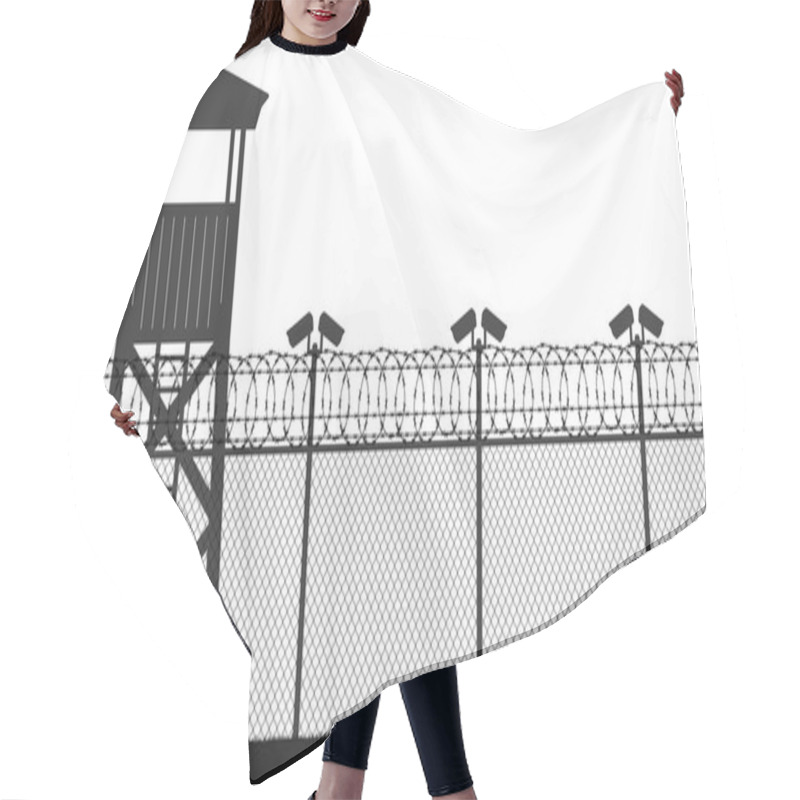 Personality  Prison Tower, Checkpoint, Protection Territory, Watchtower, State Border,military Base. Street Camera On The Pillar. Fence Wire Mesh Barbed Wire, Seamless Vector Silhouette Hair Cutting Cape