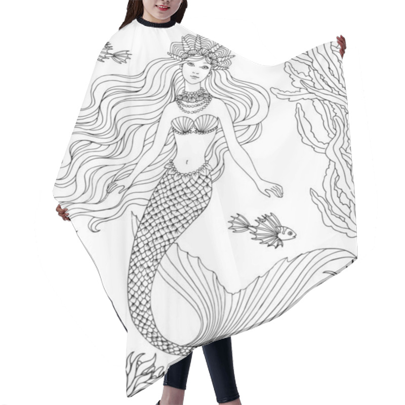 Personality  Mermaid Undersea, Hand Drawn Linen Vector Illustration On A White Background For Coloring Book Hair Cutting Cape