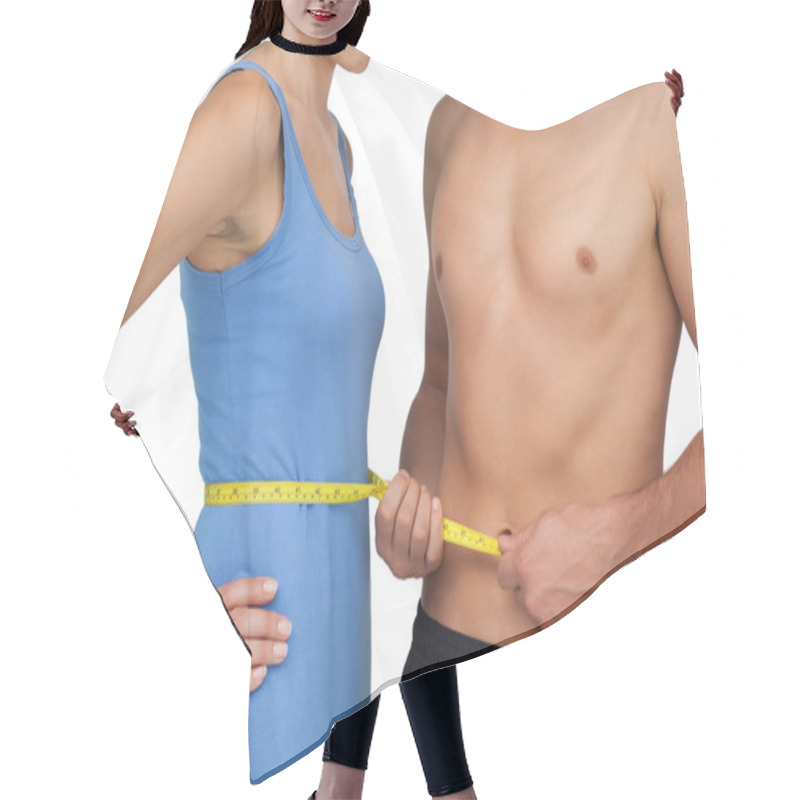 Personality  Mid Section Of A Fit Man Measuring Womans Waist Hair Cutting Cape