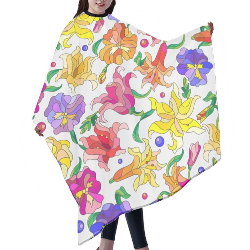 Personality  Seamless Background With Spring Flowers In Stained Glass Style, Flowers, Buds And Leaves Of Pansies And Lilies On A Light Background Hair Cutting Cape