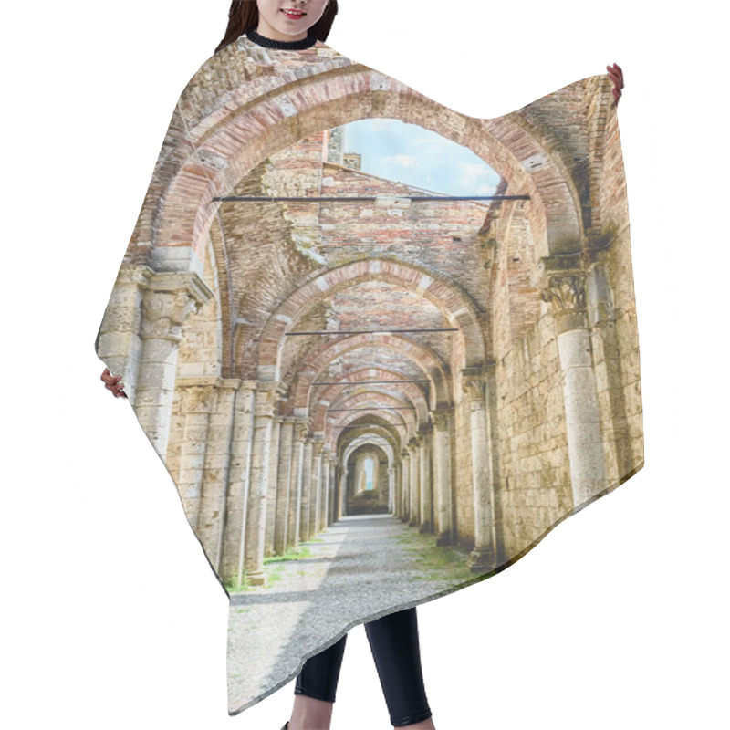 Personality  CHIUSDINO, ITALY - JUNE 22: Interior View Of The Iconic Roofless Abbey Of San Galgano, A Cistercian Monastery In The Town Of Chiusdino, Province Of Siena, Italy, On June 22, 2019 Hair Cutting Cape