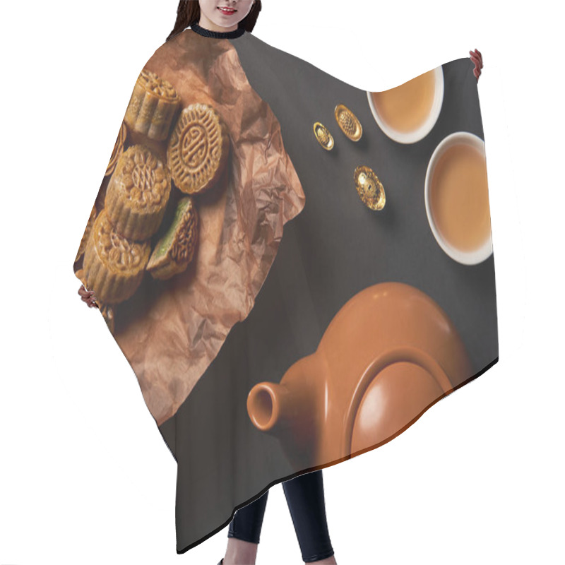 Personality  Top View Of Mooncakes, Tea Pot And Gold Ingots Isolated On Black Hair Cutting Cape