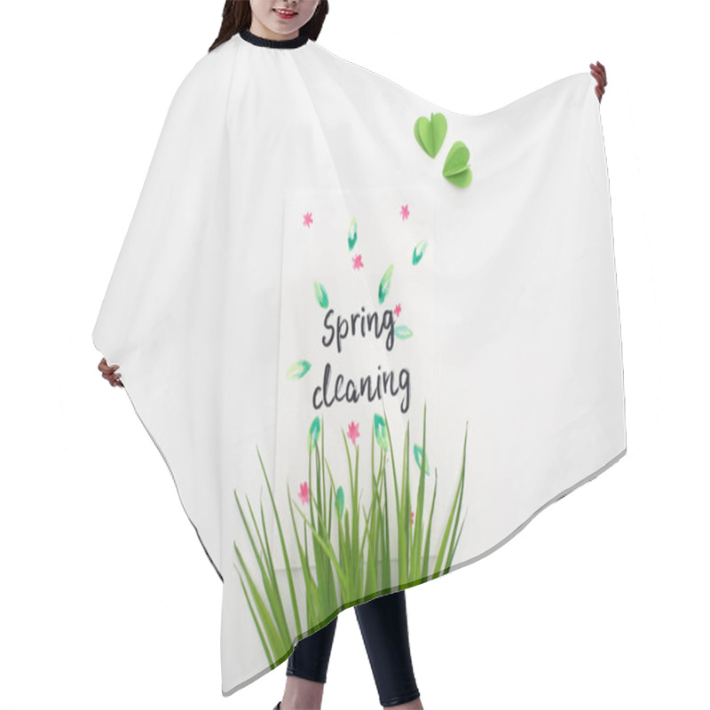 Personality  Top View Of Green Grass And Spring Cleaning Card On White Background Hair Cutting Cape