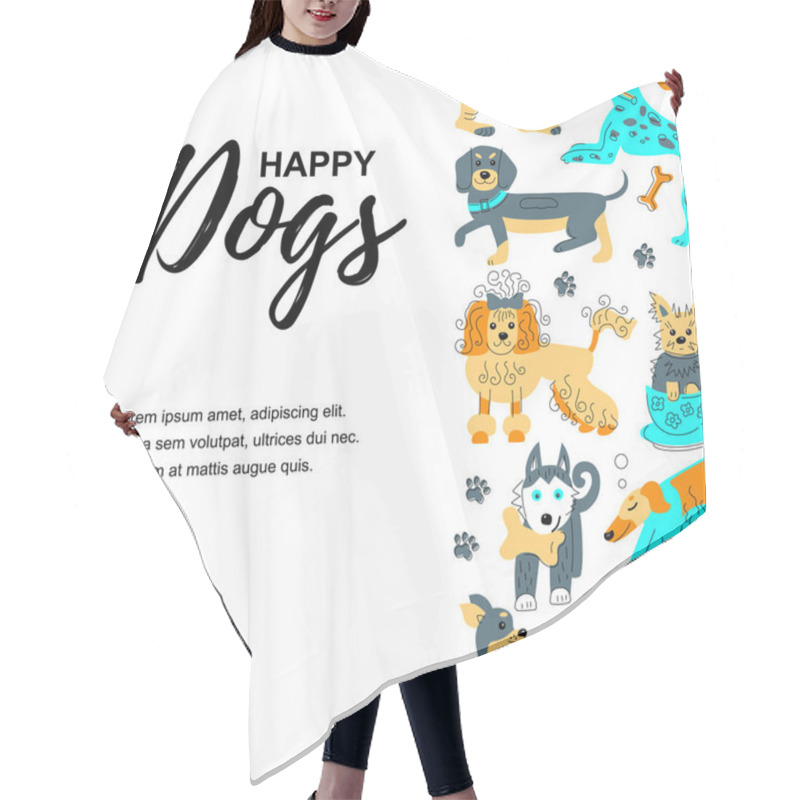 Personality  Vector Illustration With Hand Drawn Sketch Style Cute Doggies. Place For  Text. Banner For Pet Shop, Invitation, Dog Cafe, Show, Grooming, Flyers. Hair Cutting Cape