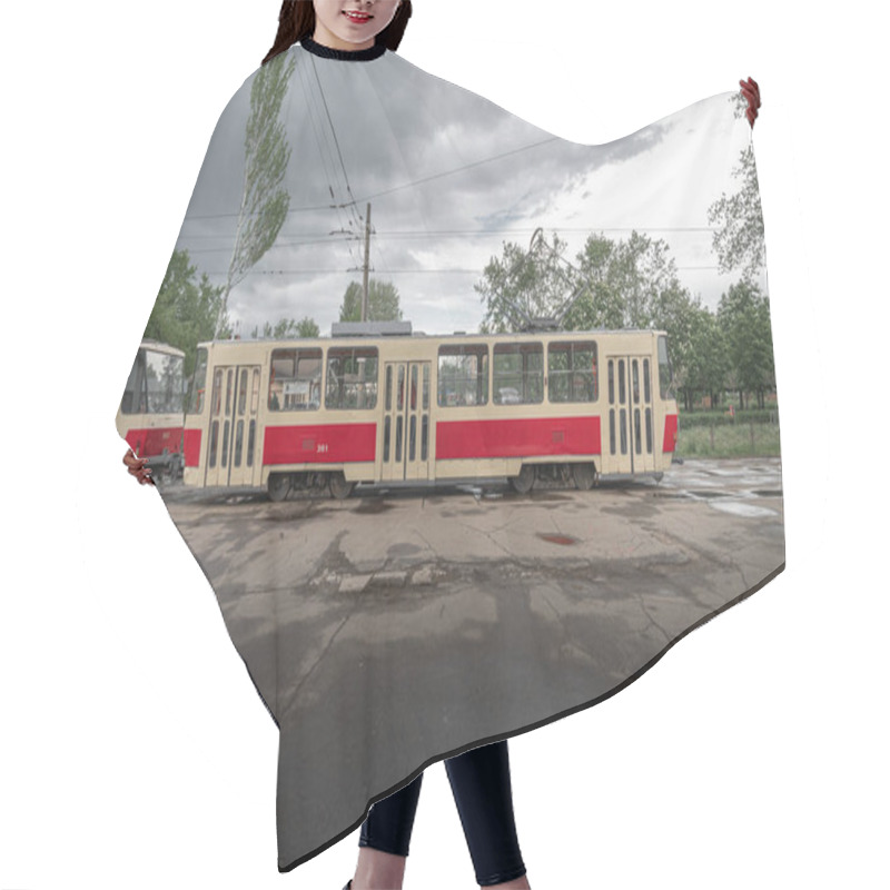 Personality  Old Empty Red Tatra T5 Tram In Cloudy Day. View From The Side.  Kyiv, Ukraine - May. 2021 Hair Cutting Cape