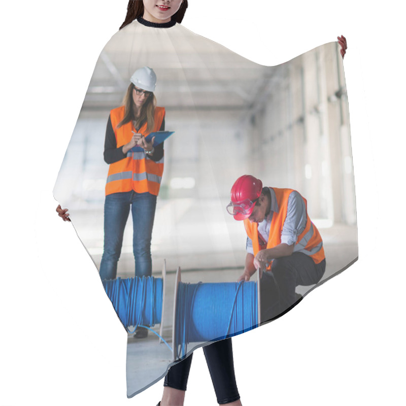 Personality  Maintenance Engineers Checking Cables On Construction Site Hair Cutting Cape