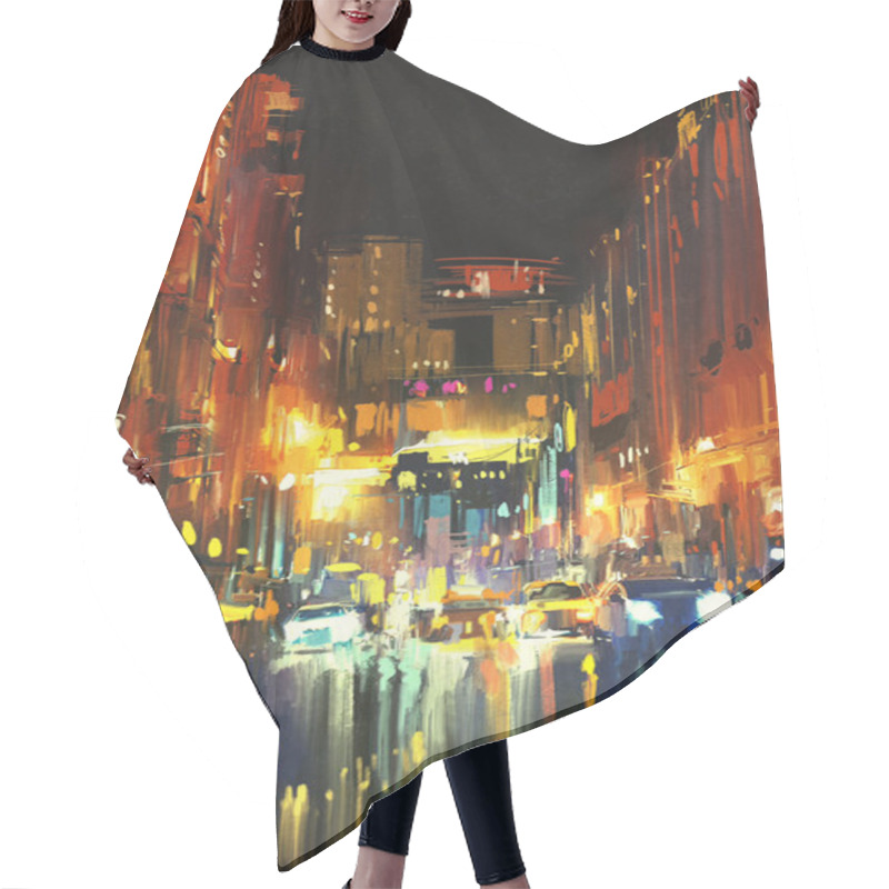 Personality  Night City In The Rain With Reflections On Wet Street,digital Painting Hair Cutting Cape