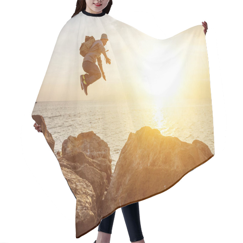 Personality  Traveler Man Jumping Over Rocks Hair Cutting Cape