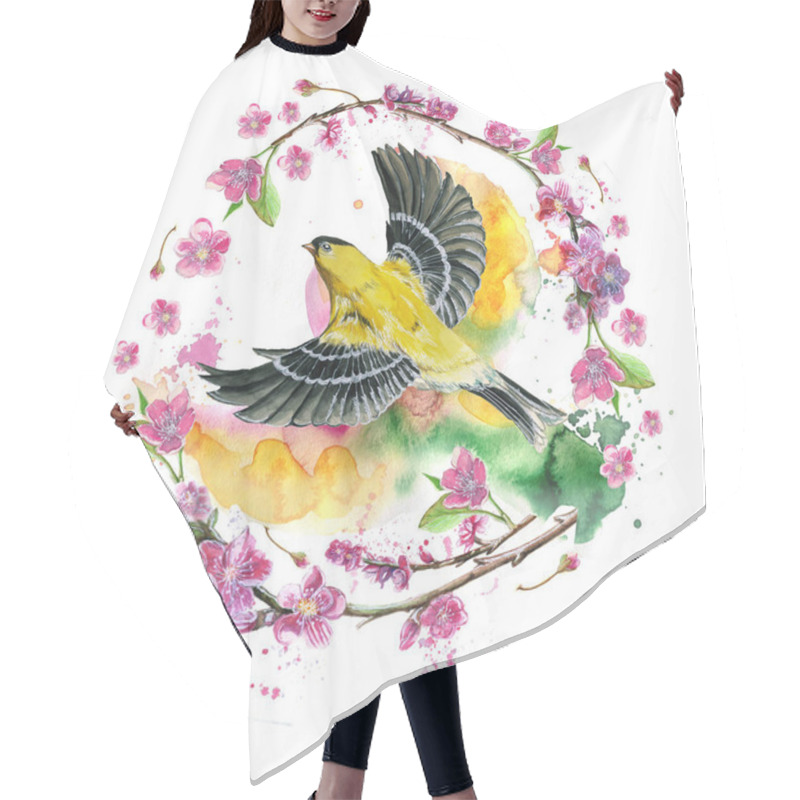 Personality  Watercolor Drawing Seamless Pattern On The Theme Of Spring, Heat, Illustration Of A Bird Of A Sparrow-like Fleet Of Orioles Flying, With Open Wings, Feathers, With Yellow Plumage, Hyperrealism, With Cherry Blossoms, Pink Flowers And Buds, For Creati Hair Cutting Cape