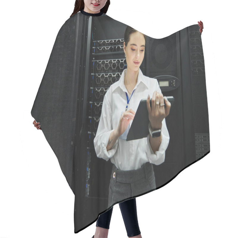 Personality  A Woman In A White Shirt Diligently Works In A Sleek Server Room, Engaging With Technology. Hair Cutting Cape