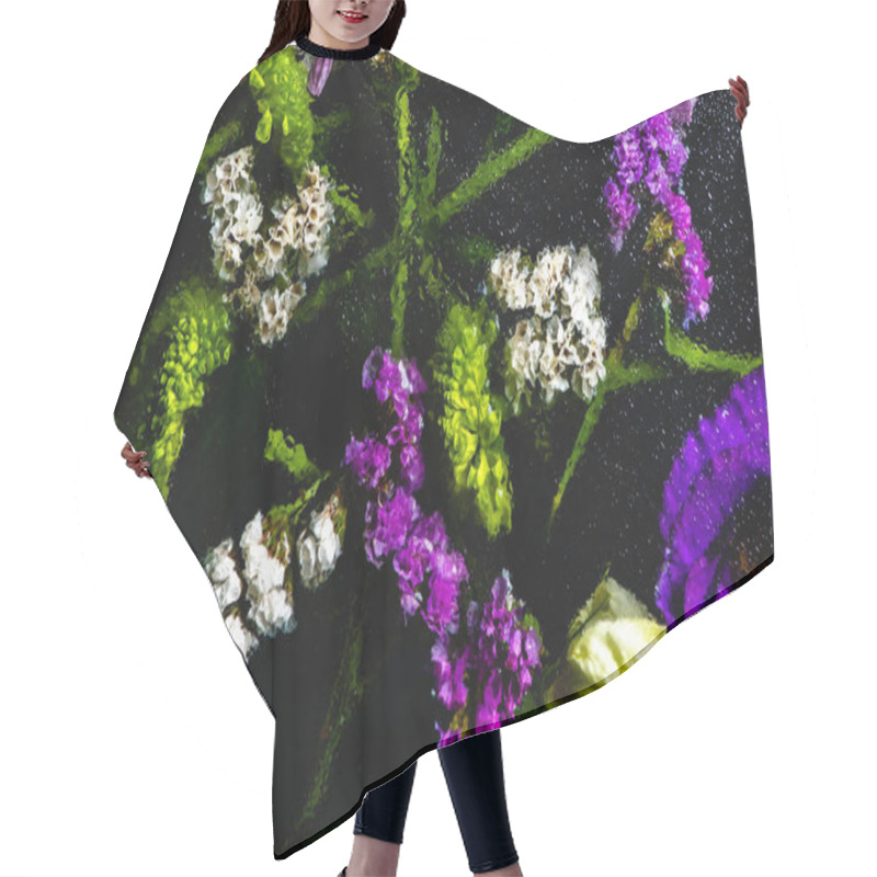 Personality  Top View Of Beautiful Wet Flowers And Green Stems On Black Hair Cutting Cape