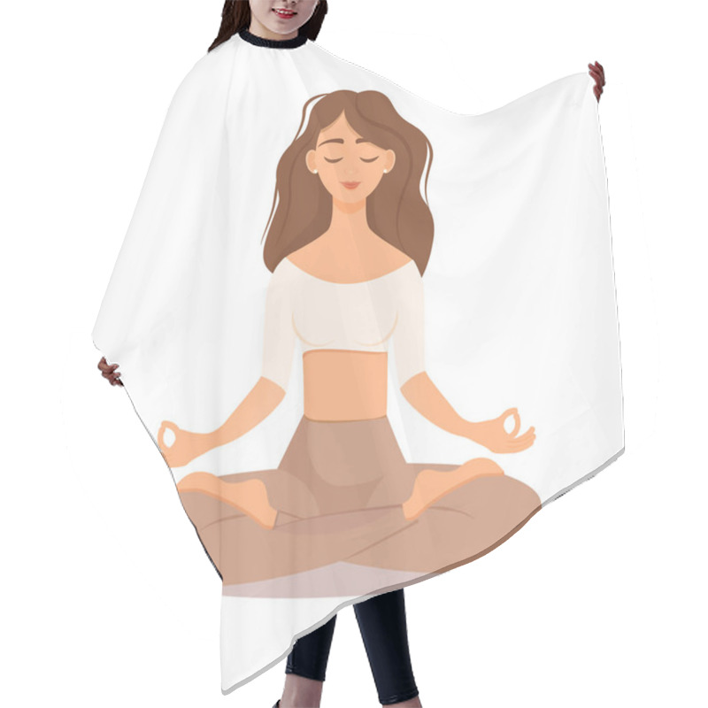 Personality  Young Brunette Girl Sitting In Lotus Pose At Home. Vector Illustration Isolated On White Background Of The Woman Doing Yoga, Meditation, Healthy Lifestyle. Crossed Legs. Pastel Color Hair Cutting Cape