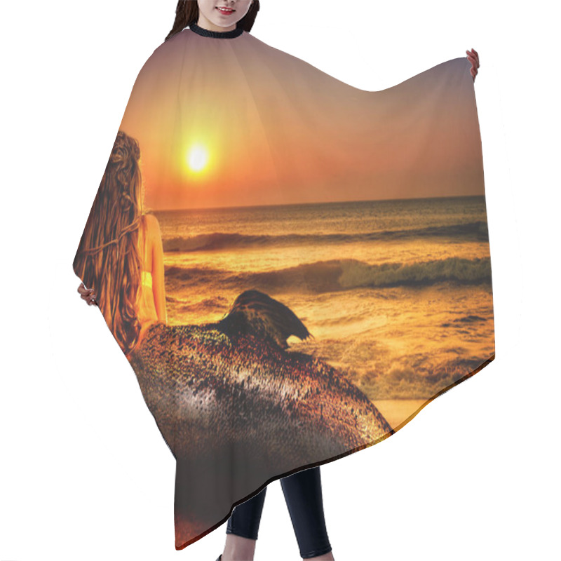 Personality  Woman Mermaid Dreams On Sea Sandy Beach. Fairy Girl Hair Cutting Cape