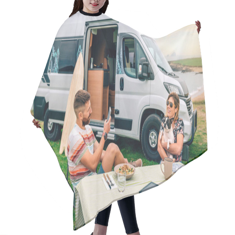 Personality  Young Man Taking Photo To Happy Woman Hugging Lovely Dog With Camper Van And Beach On Background Hair Cutting Cape