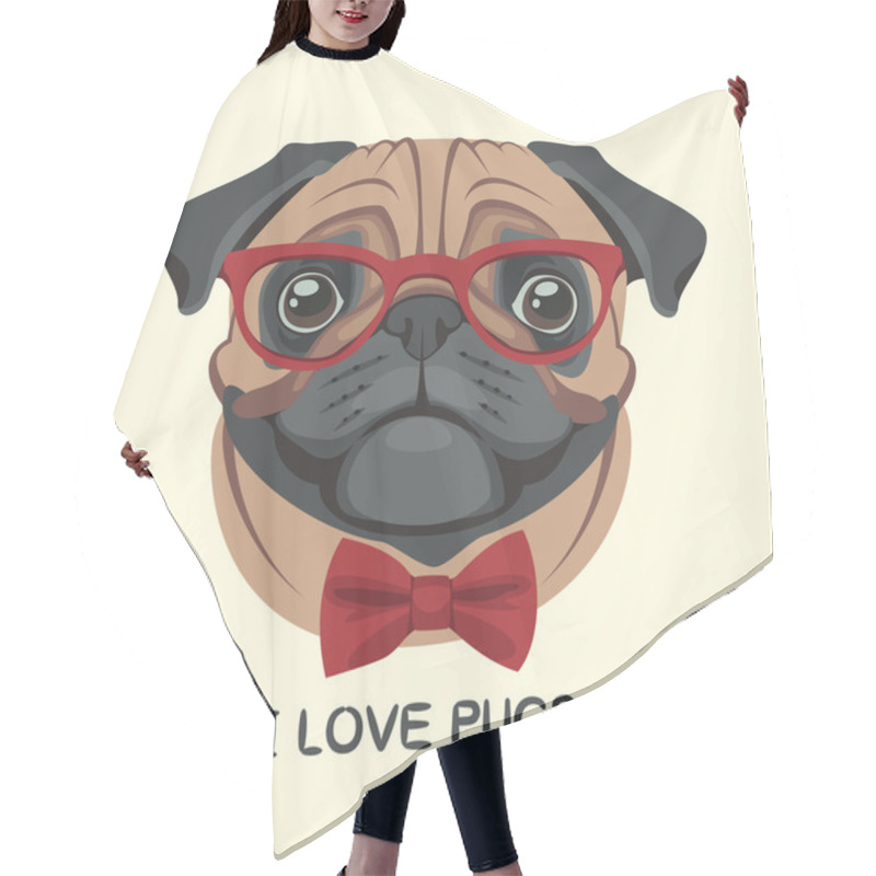 Personality  Portrait Of A Pug Wearing Glasses. Hair Cutting Cape