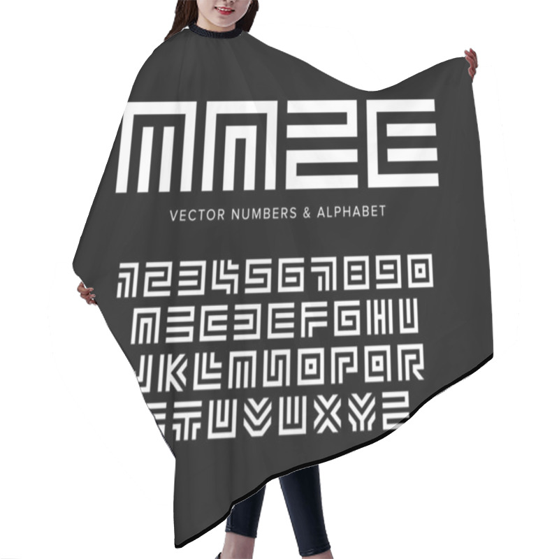 Personality  Geometric Vector Letters And Numbers Set. Maze Alphabet. White Logo Template On Black Background. Typography Design. Hair Cutting Cape