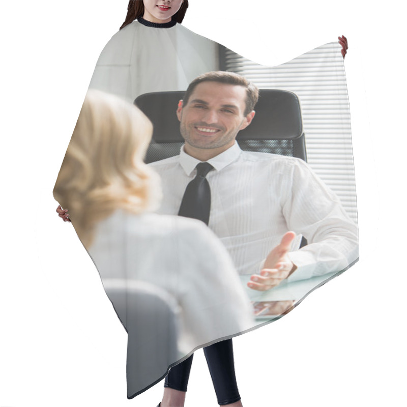 Personality  Two Businesspeple Having A Meeting In The Office Hair Cutting Cape