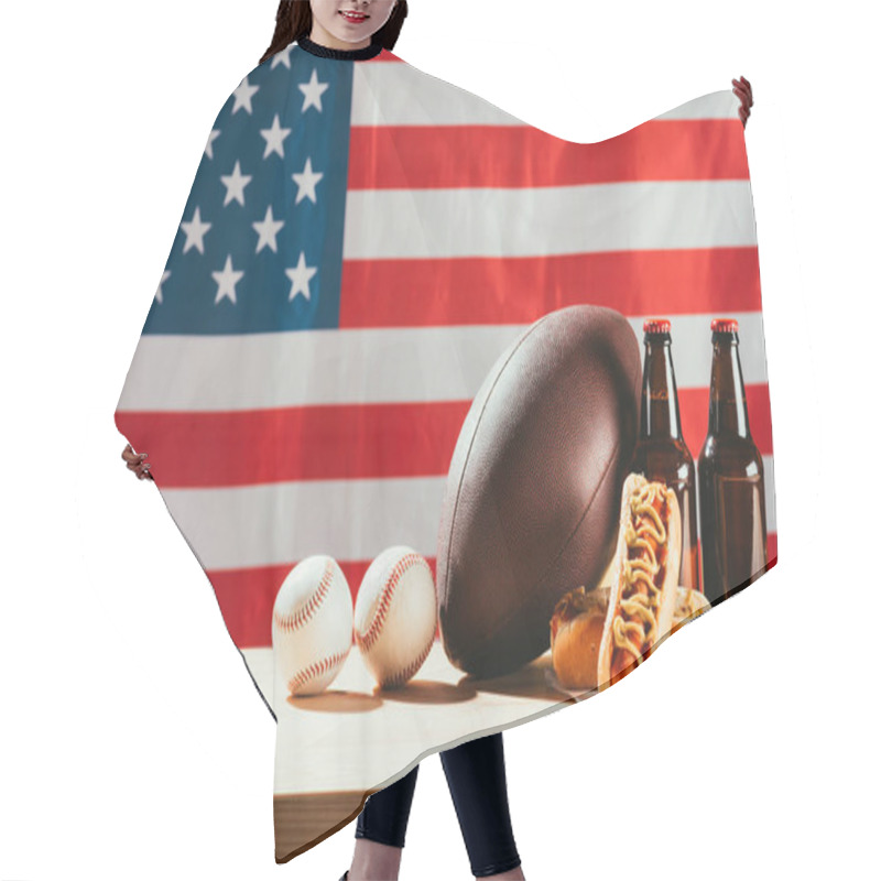 Personality  Close-up View Of Hot Dogs, Beer Bottles And Balls On Wooden Table With Us Flag Behind  Hair Cutting Cape