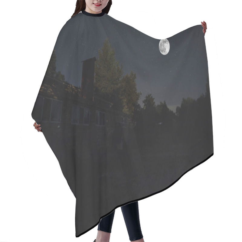 Personality  Old House With A Ghost In The Forest At Night Or Abandoned Haunted Horror House In Fog. Old Mystic Building In Dead Tree Forest. Trees At Night With Moon. Surreal Lights. Horror Halloween Concept Hair Cutting Cape