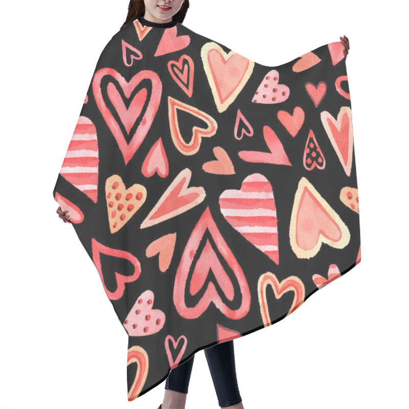 Personality  Watercolor Seamless Pattern With Elements For Valentine's Day On A Black Background.Hearts, Sweets, Balls, Gifts And Other Cute Items Hair Cutting Cape