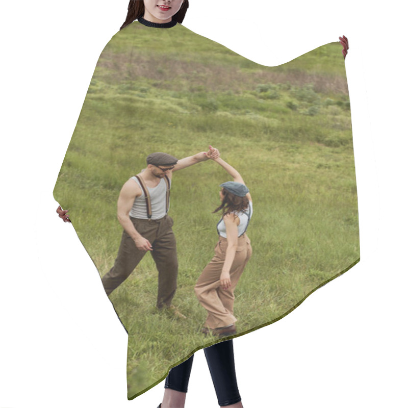 Personality  Smiling Bearded Man In Sunglasses And Suspenders Having Fun With Brunette Girlfriend In Newsboy Cap And Standing With Blurred Grassy Meadow At Background, Stylish Pair Amidst Nature Hair Cutting Cape