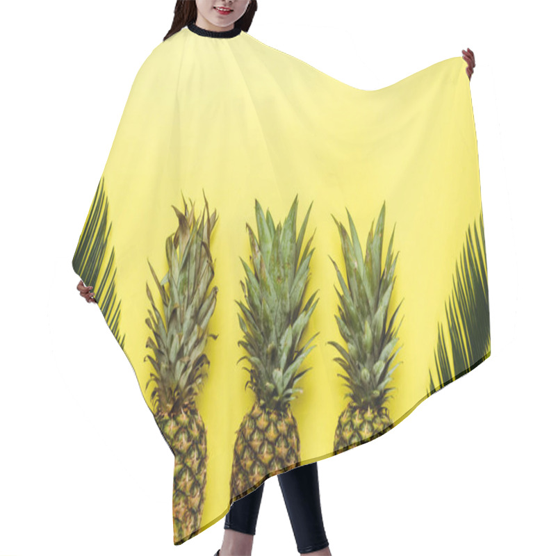 Personality  Top View Of Green Palm Leaves And Ripe Pineapples On Yellow Background Hair Cutting Cape