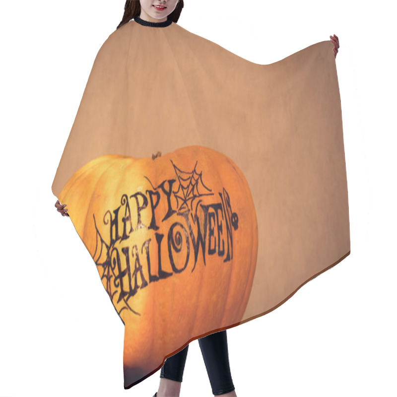 Personality  Orange Pumpkin With The Inscription Happy Halloween With A Layout For Your Text, A Celebration Concept And An Invitation To Halloween Hair Cutting Cape