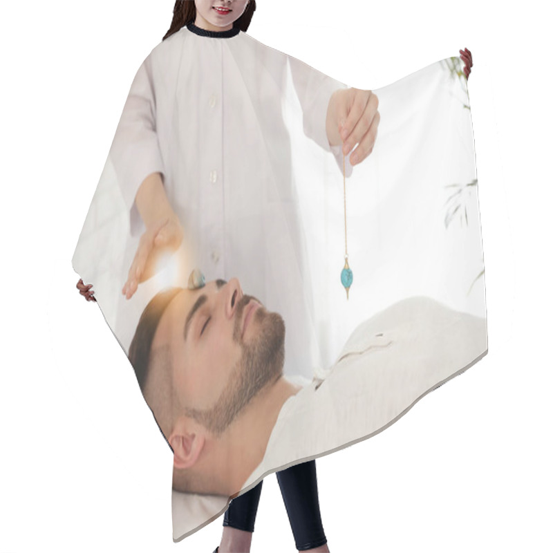 Personality  Young Man During Crystal Healing Session In Therapy Room Hair Cutting Cape