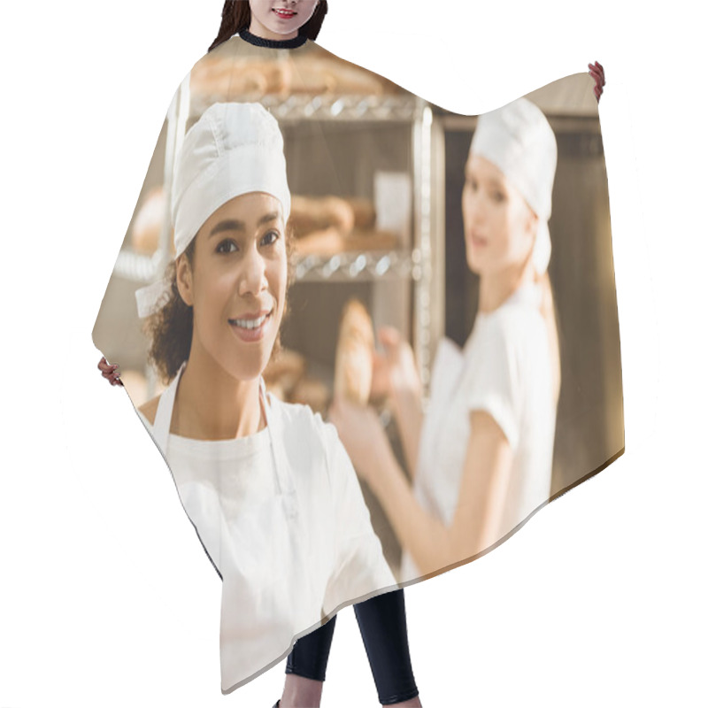 Personality  Young Female Bakers Working At Baking Manufacture Hair Cutting Cape