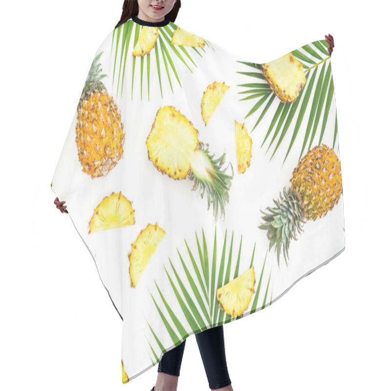 Personality  Tropical Food Pattern Made Of Pineapple Fruits With Palm Leaves On White Background. Flat Lay, Top View. Hair Cutting Cape