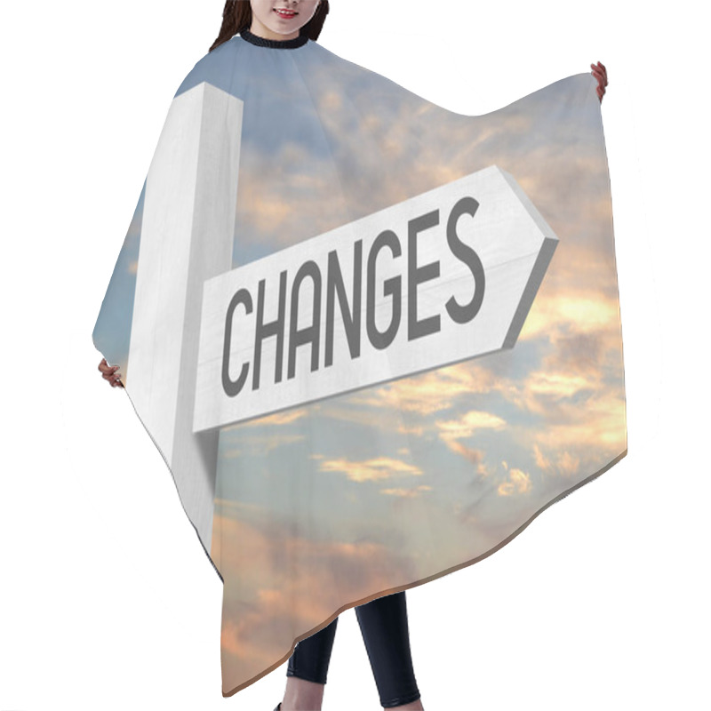 Personality  Changes Ahead - White Wooden Signpost With One Arrow Hair Cutting Cape