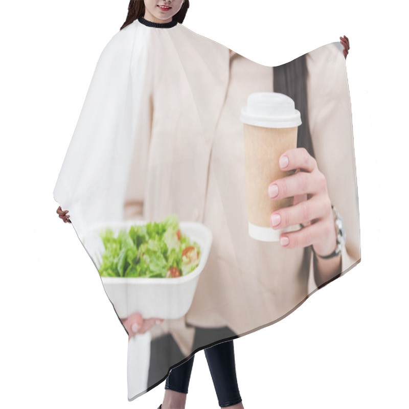 Personality  Cropped Shot Of Businesswoman With Take Away Food And Coffee To Go In Office Hair Cutting Cape