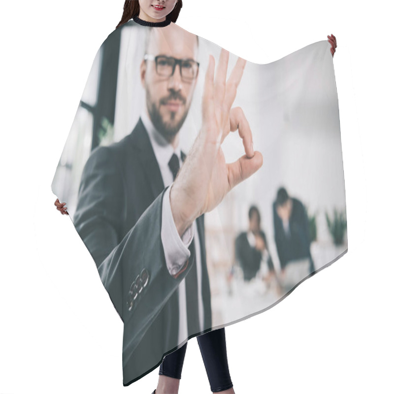 Personality  Businessman Showing Okay Sign Hair Cutting Cape