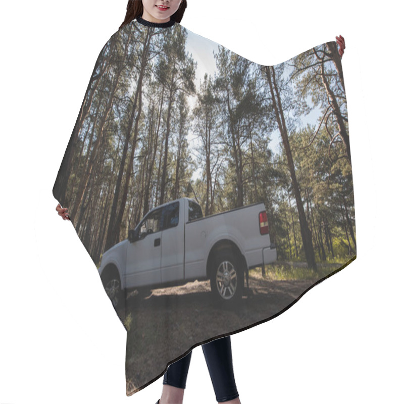 Personality  Side View Of White Pickup Truck In Sunny Forest Hair Cutting Cape